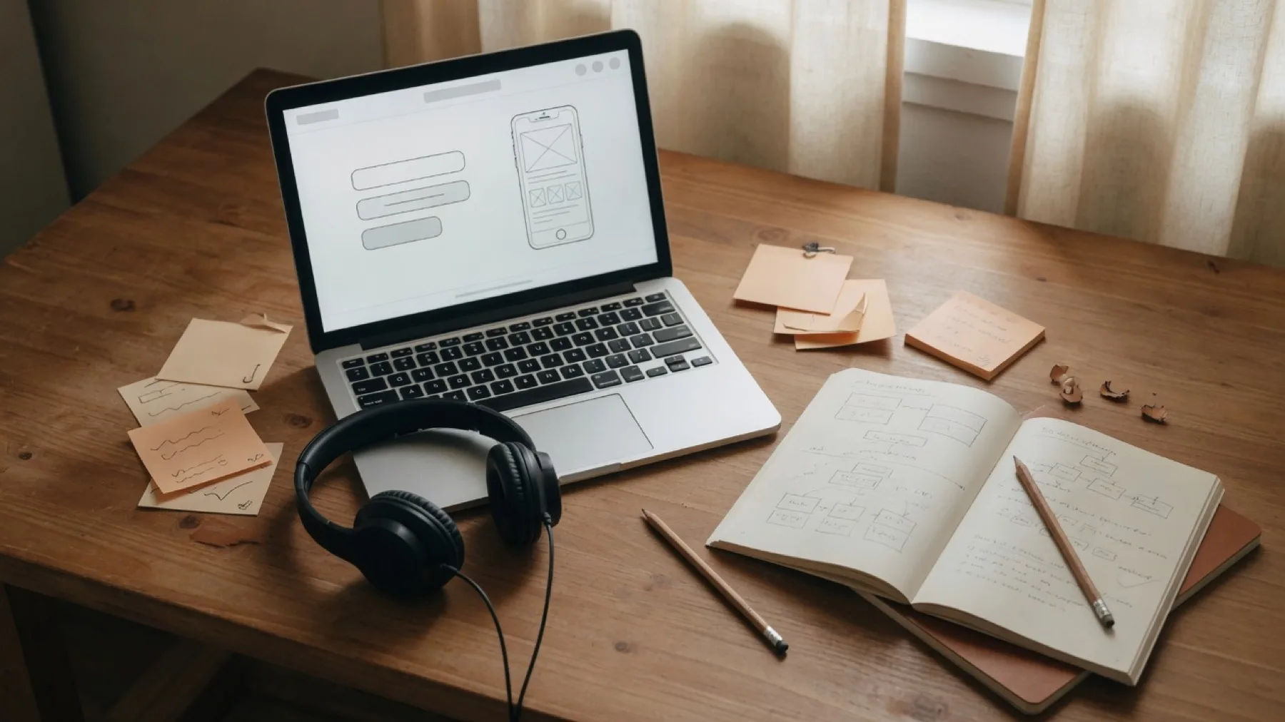 A warm online course desk with laptop, workbook, and app planning notes