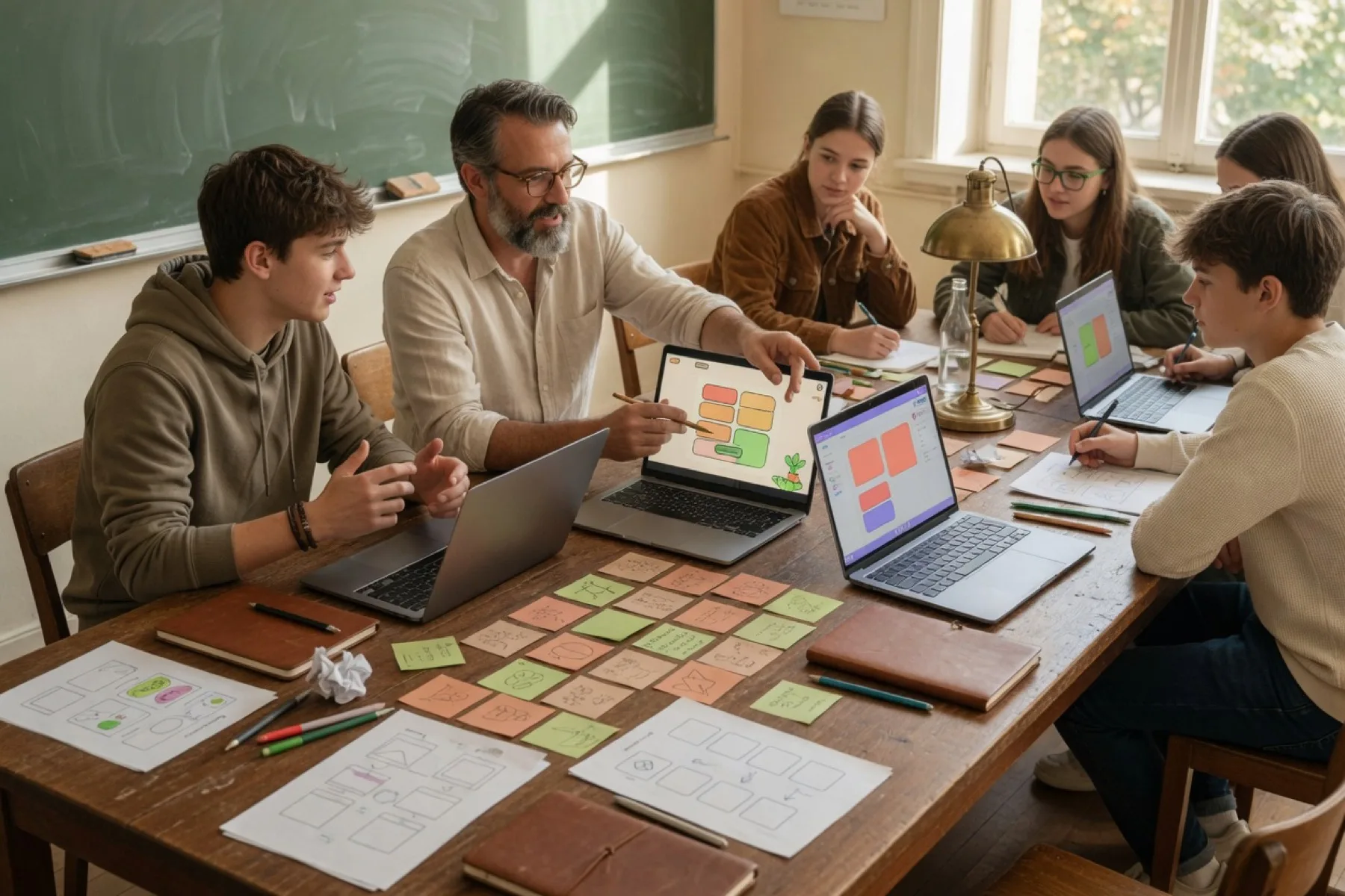 Teen AI app workshop table with laptops, notes, and app planning cards